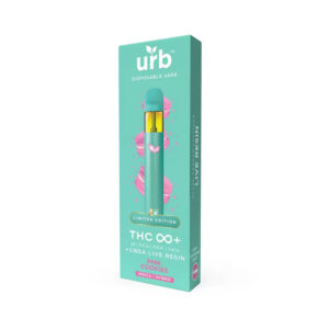 Urb THC Infinity+ Live Resin Disposable vape with pink cookies indica hybrid terpenes in 3g size